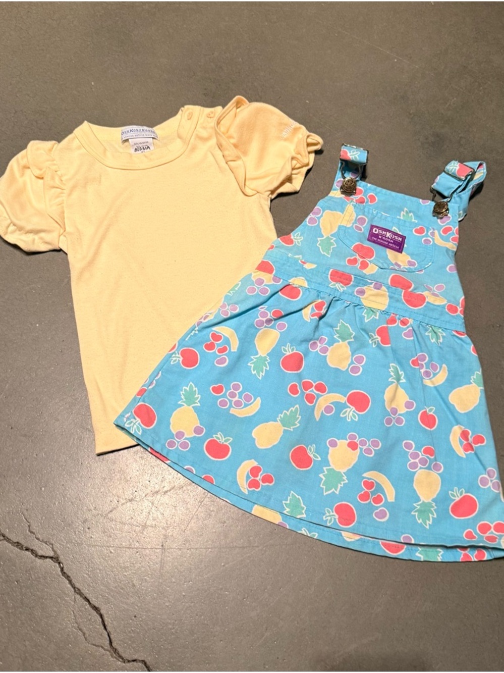 Vintage OshKosh B'gosh Rare Blue Fruit-Print Dress with Yellow Puff-Sleeve Tee